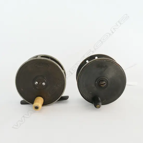 2 SMALL BRASS FISHING REELS, (ONE LACKS FOOT)
